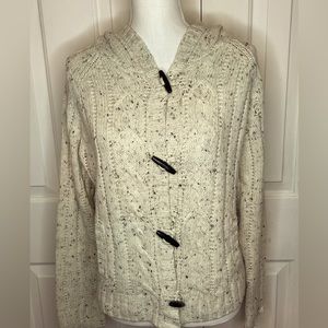 Beige Chunky Hooded Cable knit flecked Sweater with Toggle Close Size Large